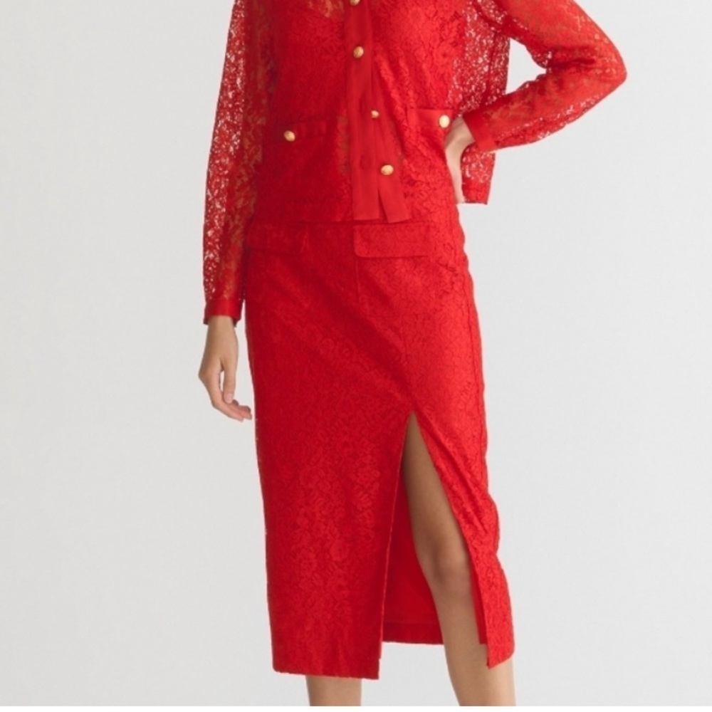 J Crew red lace midi high slit back zip skirt 8